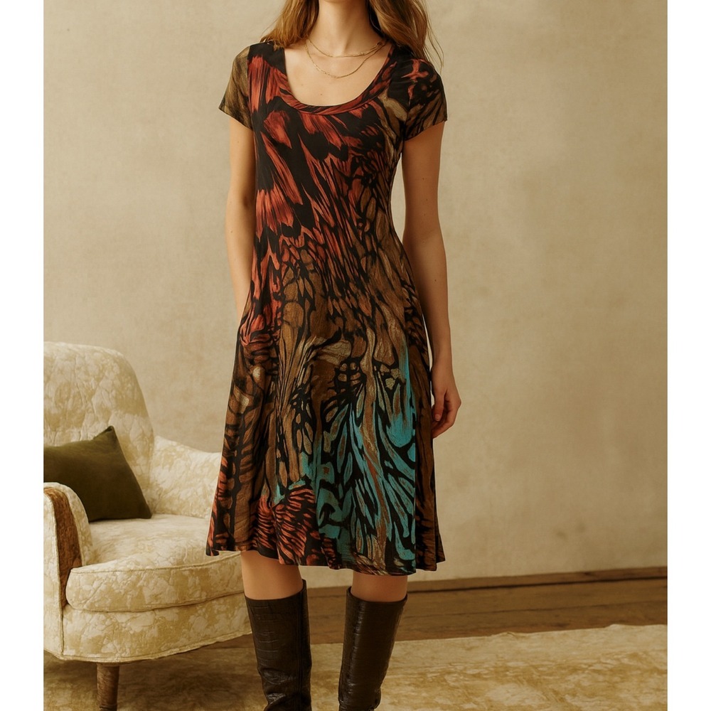 Karen Kane sz S Women Short Sleeve MulitColor Abstract Midi Dress Casual Evening